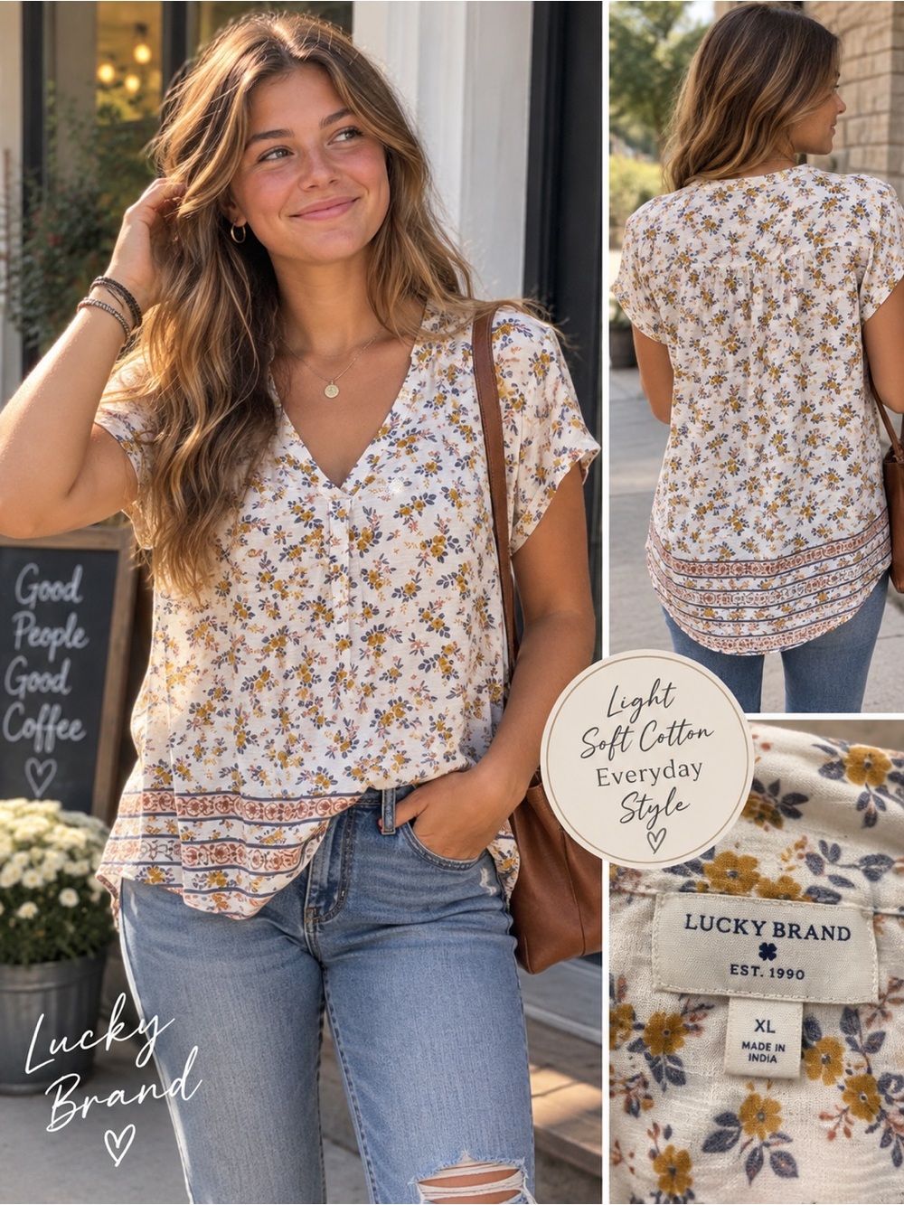 Lucky Brand White V-Neck Tunic with Mustard Floral Print